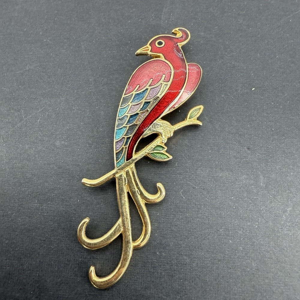 Premier Designs Figural Red Bird Brooch Enamel Goldtone Metal Pin signed